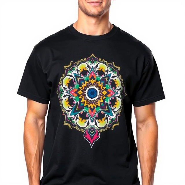 A stylish black T-shirt featuring a bold graphic design