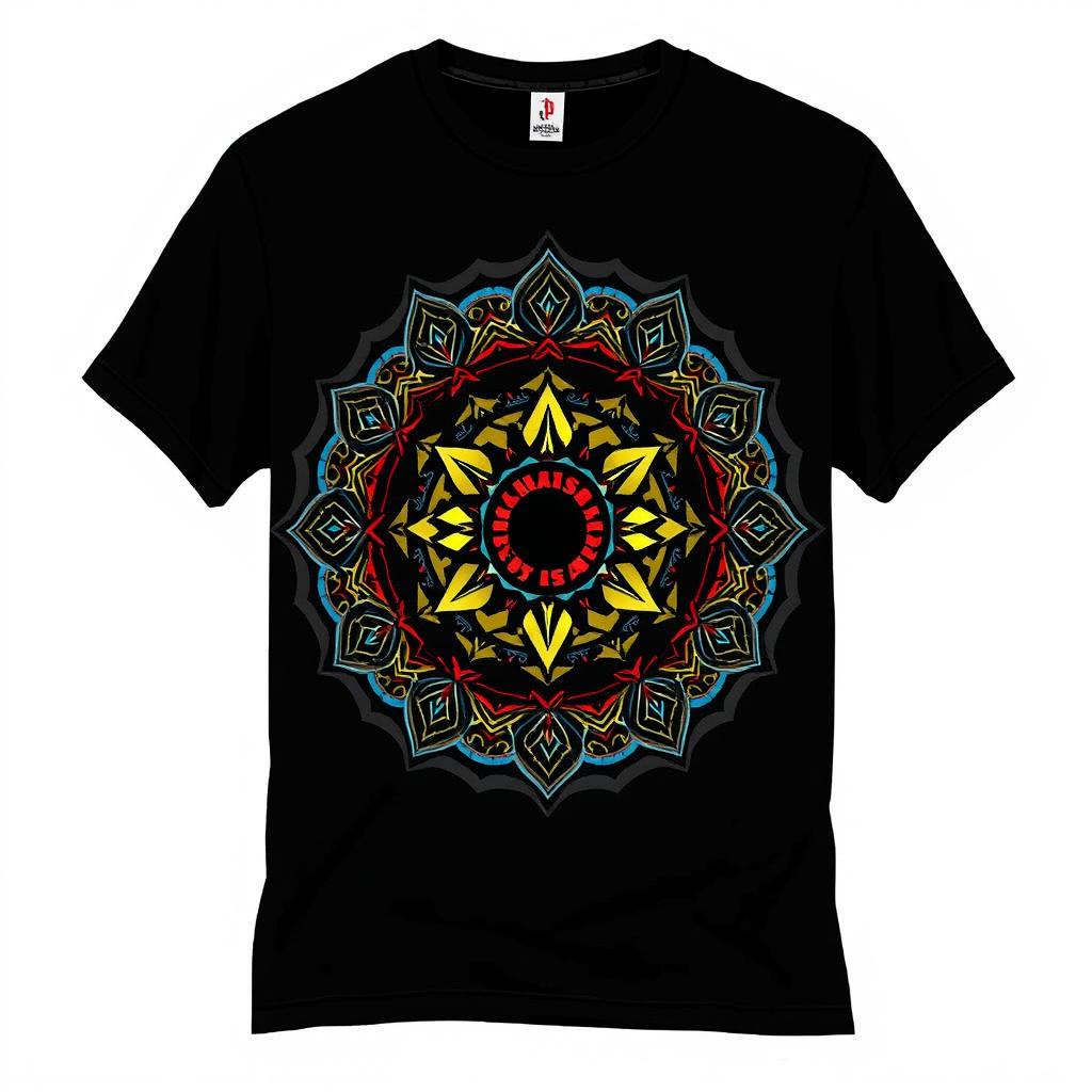A stylish black T-shirt featuring a bold graphic design