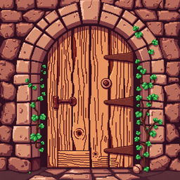 A pixel art depiction of a wooden door, showcasing a detailed texture that highlights the grain and knots of the wood