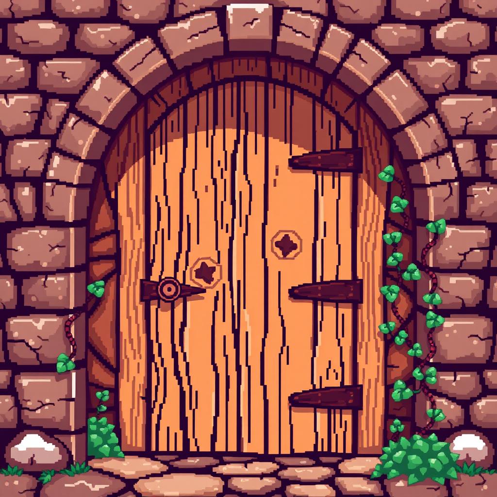A pixel art depiction of a wooden door, showcasing a detailed texture that highlights the grain and knots of the wood