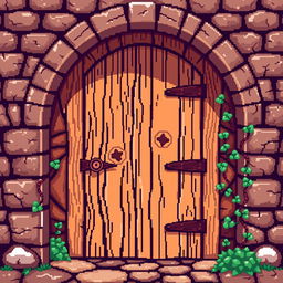A pixel art depiction of a wooden door, showcasing a detailed texture that highlights the grain and knots of the wood