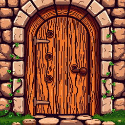 A pixel art depiction of a wooden door, showcasing a detailed texture that highlights the grain and knots of the wood
