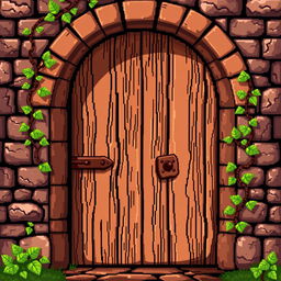 A pixel art depiction of a wooden door, showcasing a detailed texture that highlights the grain and knots of the wood