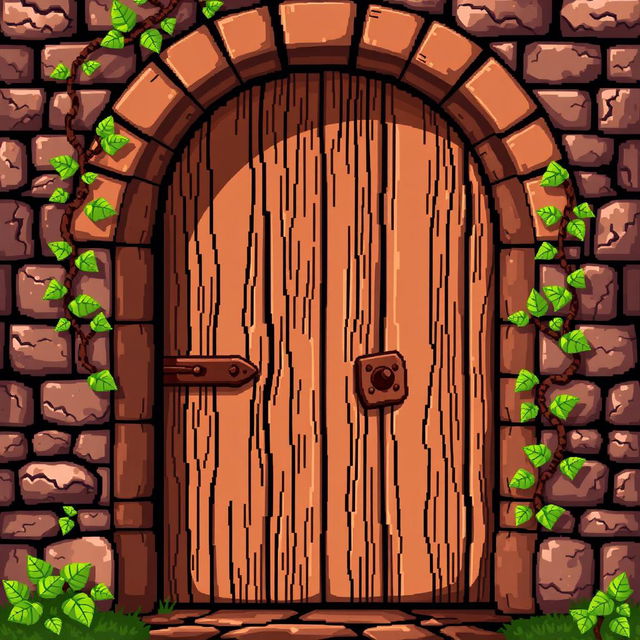 A pixel art depiction of a wooden door, showcasing a detailed texture that highlights the grain and knots of the wood