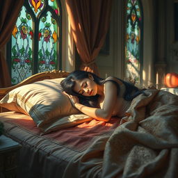 A serene and enchanting scene of a sleeping queen, resting peacefully on an opulent bed adorned with rich fabrics and intricate patterns