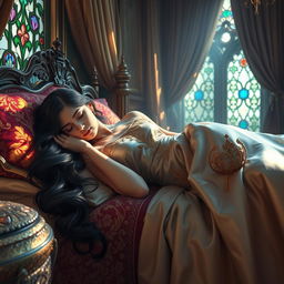 A serene and enchanting scene of a sleeping queen, resting peacefully on an opulent bed adorned with rich fabrics and intricate patterns