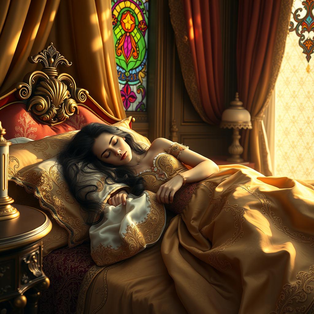 A serene and enchanting scene of a sleeping queen, resting peacefully on an opulent bed adorned with rich fabrics and intricate patterns