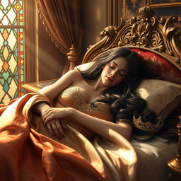 A serene and enchanting scene of a sleeping queen, resting peacefully on an opulent bed adorned with rich fabrics and intricate patterns