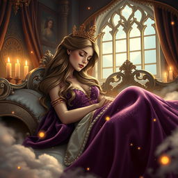 A serene and magical scene depicting a beautifully ornate queen asleep on an opulent bed