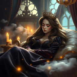 A serene and magical scene depicting a beautifully ornate queen asleep on an opulent bed