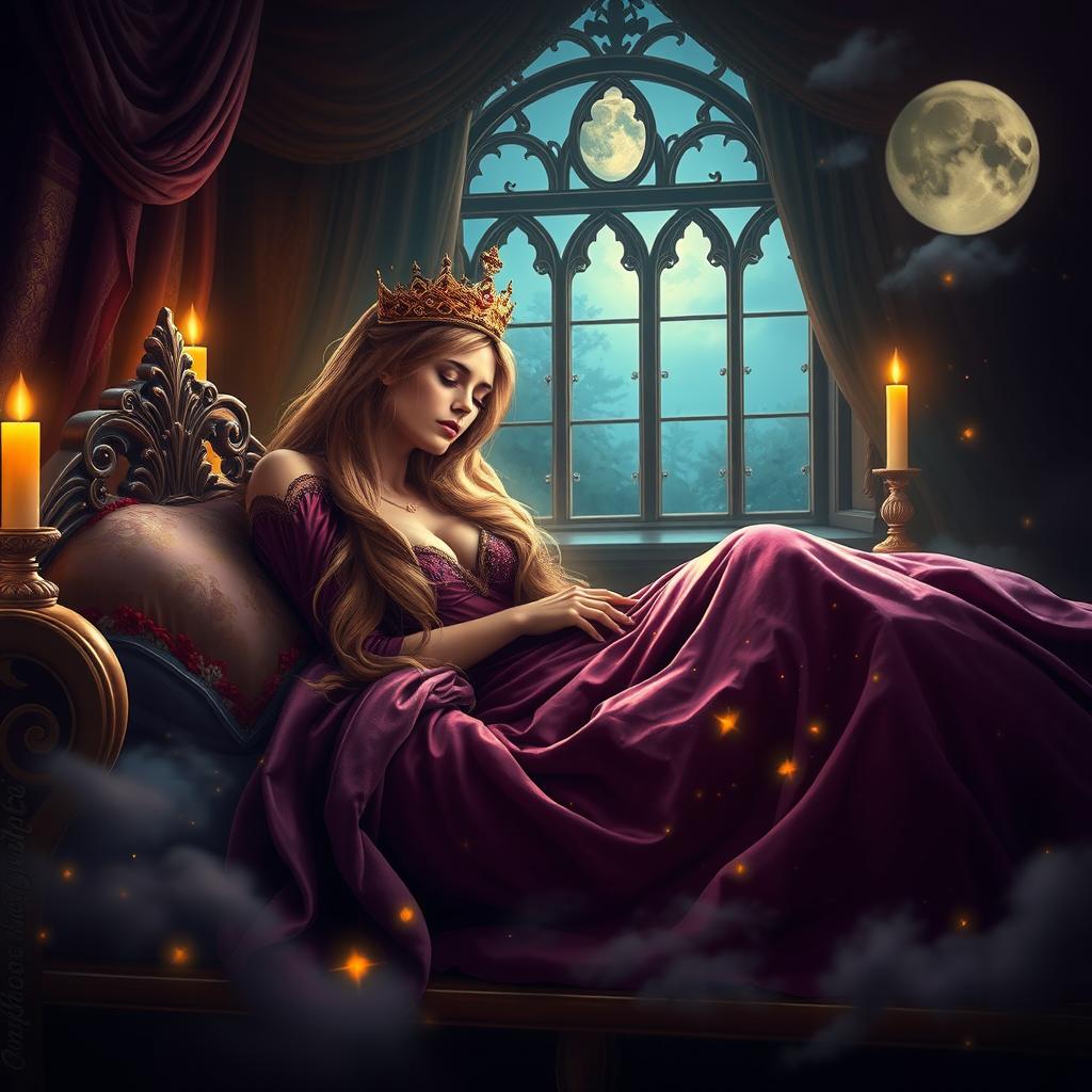 A serene and magical scene depicting a beautifully ornate queen asleep on an opulent bed