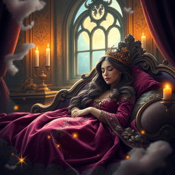 A serene and magical scene depicting a beautifully ornate queen asleep on an opulent bed