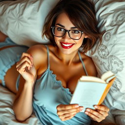 A sexy 32-year-old woman lying on a bed, holding a small paperback book in one hand while reading