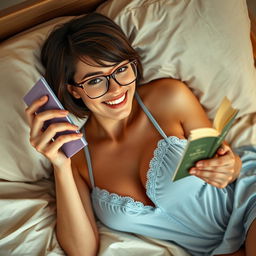 A sexy 32-year-old woman lying on a bed, holding a small paperback book in one hand while reading