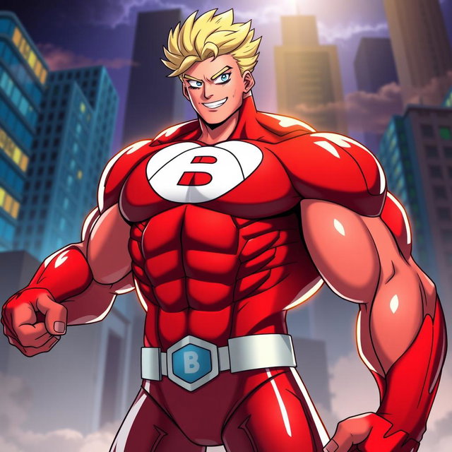 A powerful and muscular superhero character inspired by All Might from My Hero Academia, showcasing an incredible physique with bulging muscles and a heroic stance