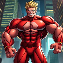 A powerful and muscular superhero character inspired by All Might from My Hero Academia, showcasing an incredible physique with bulging muscles and a heroic stance