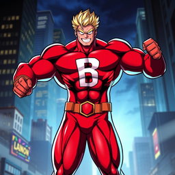 A powerful and muscular superhero character inspired by All Might from My Hero Academia, showcasing an incredible physique with bulging muscles and a heroic stance
