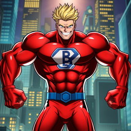 A powerful and muscular superhero character inspired by All Might from My Hero Academia, showcasing an incredible physique with bulging muscles and a heroic stance