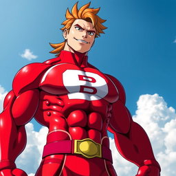A strong and muscular hero with a physique reminiscent of All Might from My Hero Academia, wearing a vibrant red suit featuring a large letter 'B' prominently displayed on the front