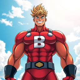 A strong and muscular hero with a physique reminiscent of All Might from My Hero Academia, wearing a vibrant red suit featuring a large letter 'B' prominently displayed on the front