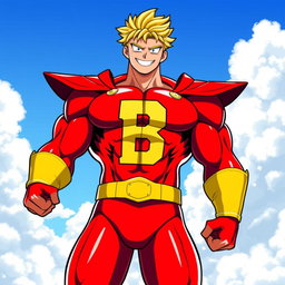 A strong and muscular hero with a physique reminiscent of All Might from My Hero Academia, wearing a vibrant red suit featuring a large letter 'B' prominently displayed on the front