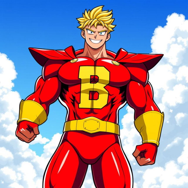 A strong and muscular hero with a physique reminiscent of All Might from My Hero Academia, wearing a vibrant red suit featuring a large letter 'B' prominently displayed on the front