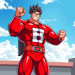 A strong and muscular hero with a physique reminiscent of All Might from My Hero Academia, wearing a vibrant red suit featuring a large letter 'B' prominently displayed on the front