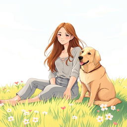 A serene illustration of a young woman sitting gracefully on a soft, grassy field