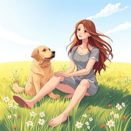 A serene illustration of a young woman sitting gracefully on a soft, grassy field