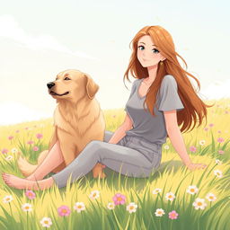 A serene illustration of a young woman sitting gracefully on a soft, grassy field