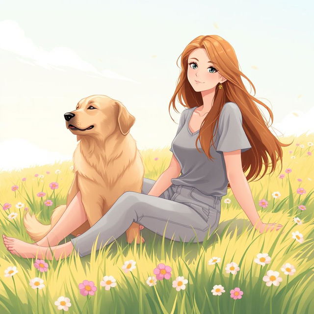 A serene illustration of a young woman sitting gracefully on a soft, grassy field
