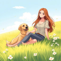 A serene illustration of a young woman sitting gracefully on a soft, grassy field