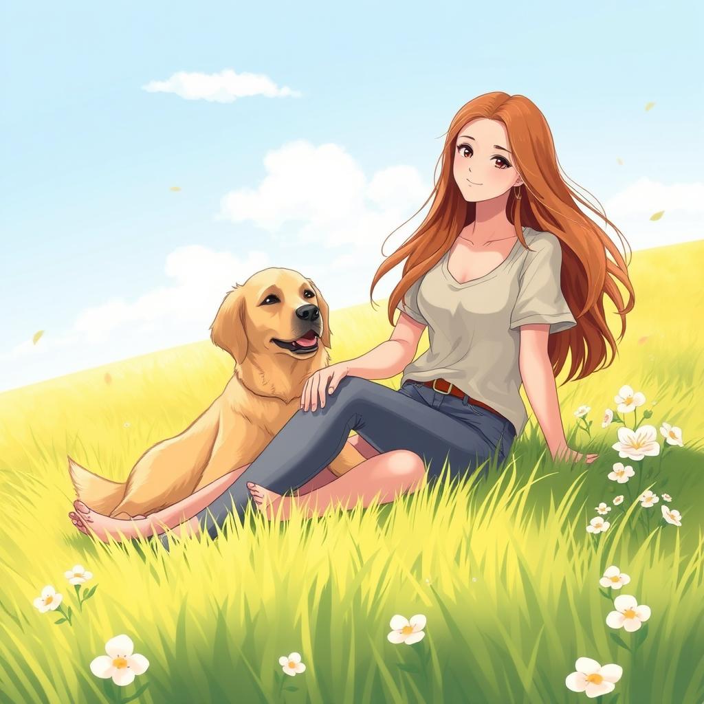A serene illustration of a young woman sitting gracefully on a soft, grassy field