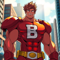 A strong and muscular superhero inspired by All Might from My Hero Academia, featuring an exaggerated physique with broad shoulders and impressive muscles