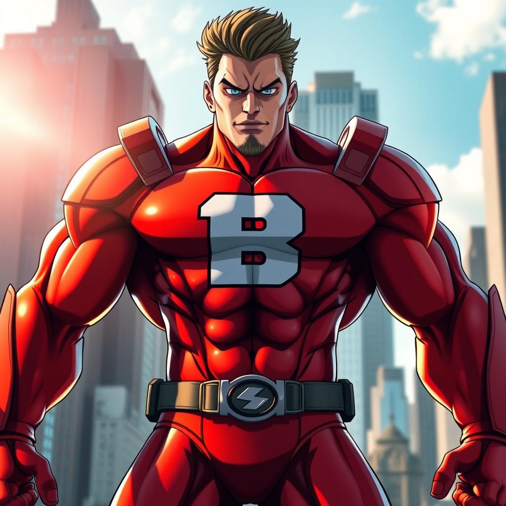 A strong and muscular superhero inspired by All Might from My Hero Academia, featuring an exaggerated physique with broad shoulders and impressive muscles