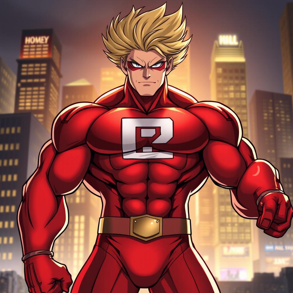 A strong and muscular superhero inspired by All Might from My Hero Academia, featuring an imposing muscular build and a confident pose