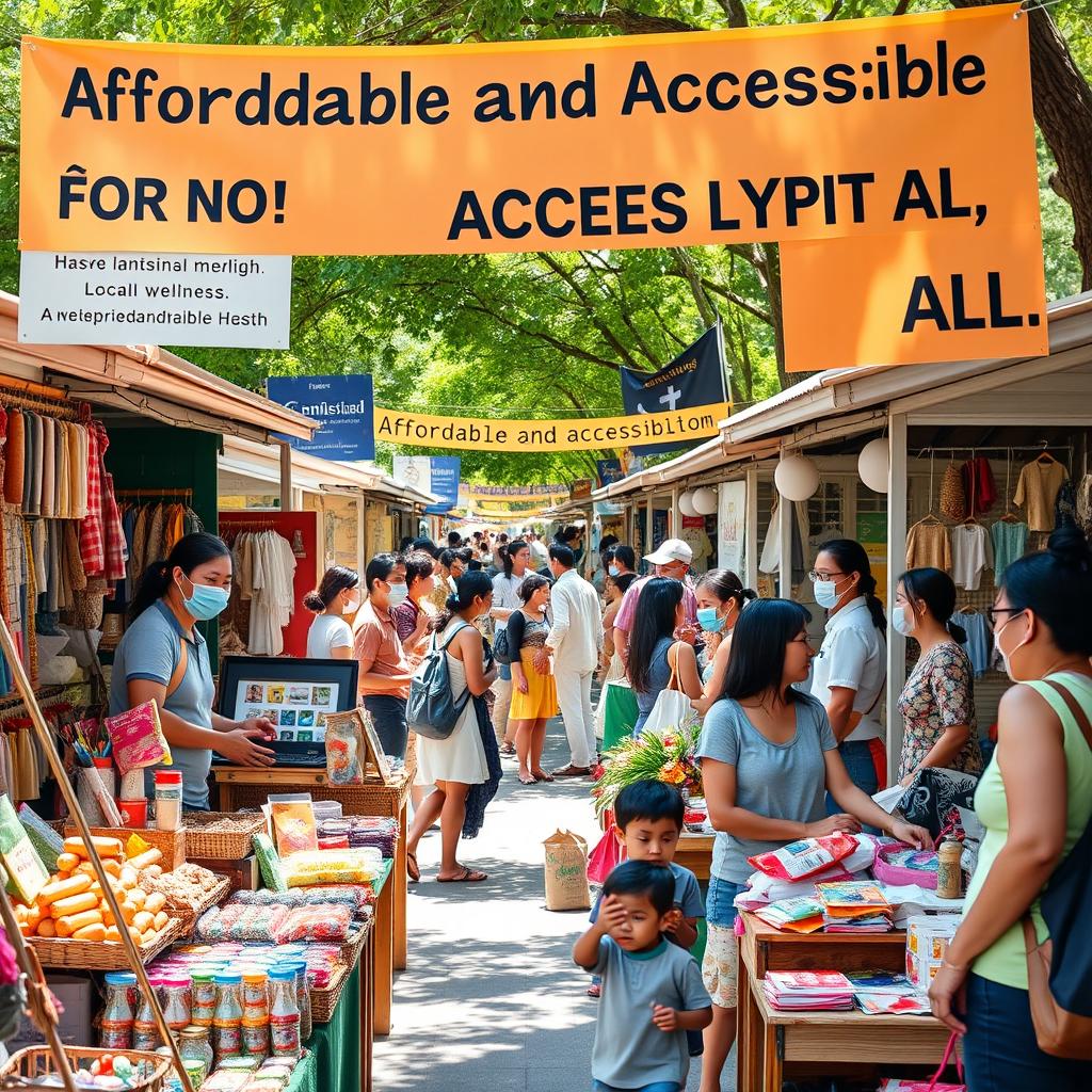 A vibrant marketplace showcasing local entrepreneurs offering a wide range of products including handmade crafts, organic foods, and wellness items