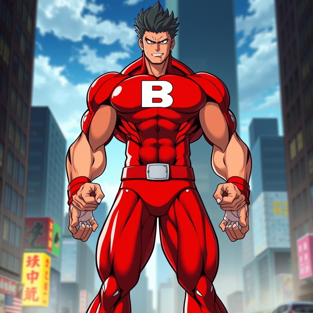 A strong and muscular superhero inspired by All Might from My Hero Academia, showcasing an impressive physique with exaggerated muscles