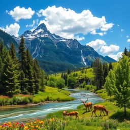 A serene landscape showcasing a picturesque mountain range under a bright blue sky, with fluffy white clouds scattered throughout