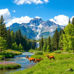 A serene landscape showcasing a picturesque mountain range under a bright blue sky, with fluffy white clouds scattered throughout