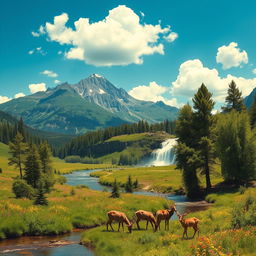 A serene landscape showcasing a picturesque mountain range under a bright blue sky, with fluffy white clouds scattered throughout