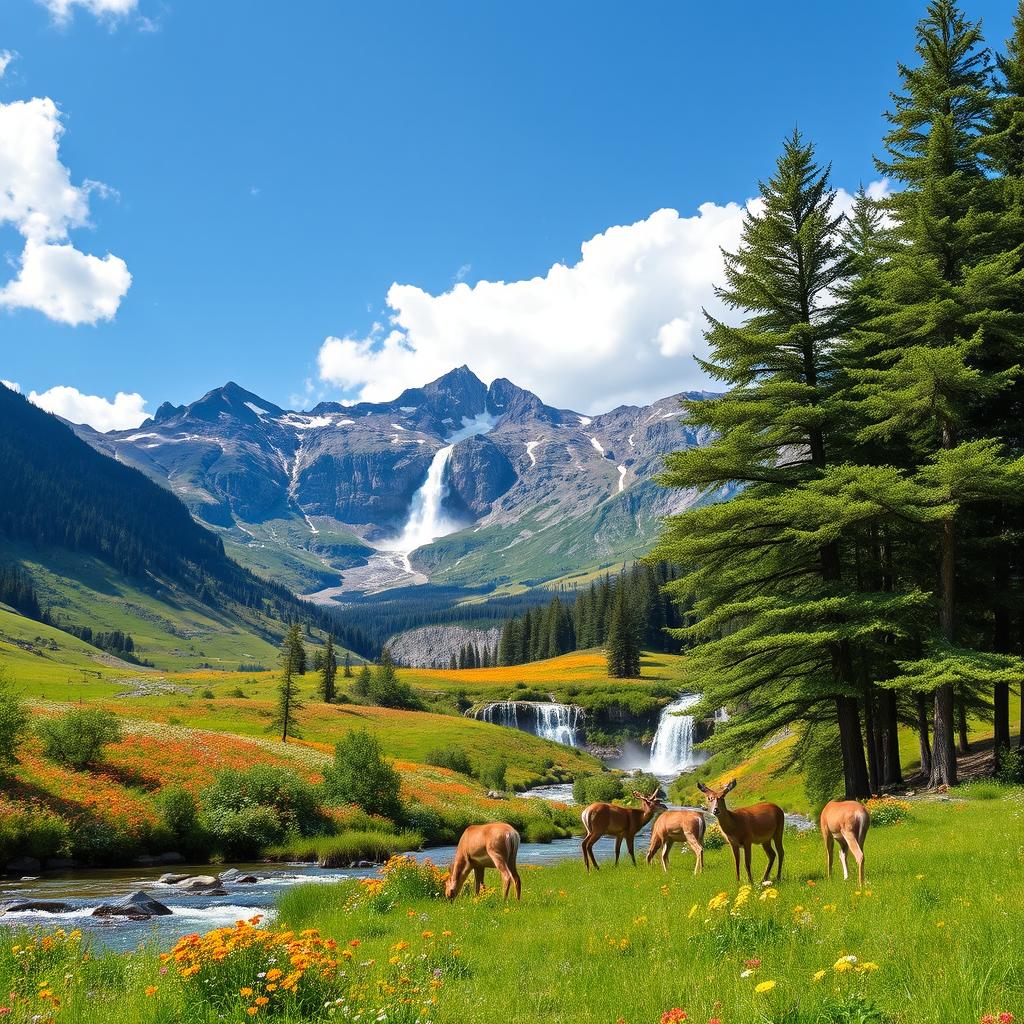 A serene landscape showcasing a picturesque mountain range under a bright blue sky, with fluffy white clouds scattered throughout