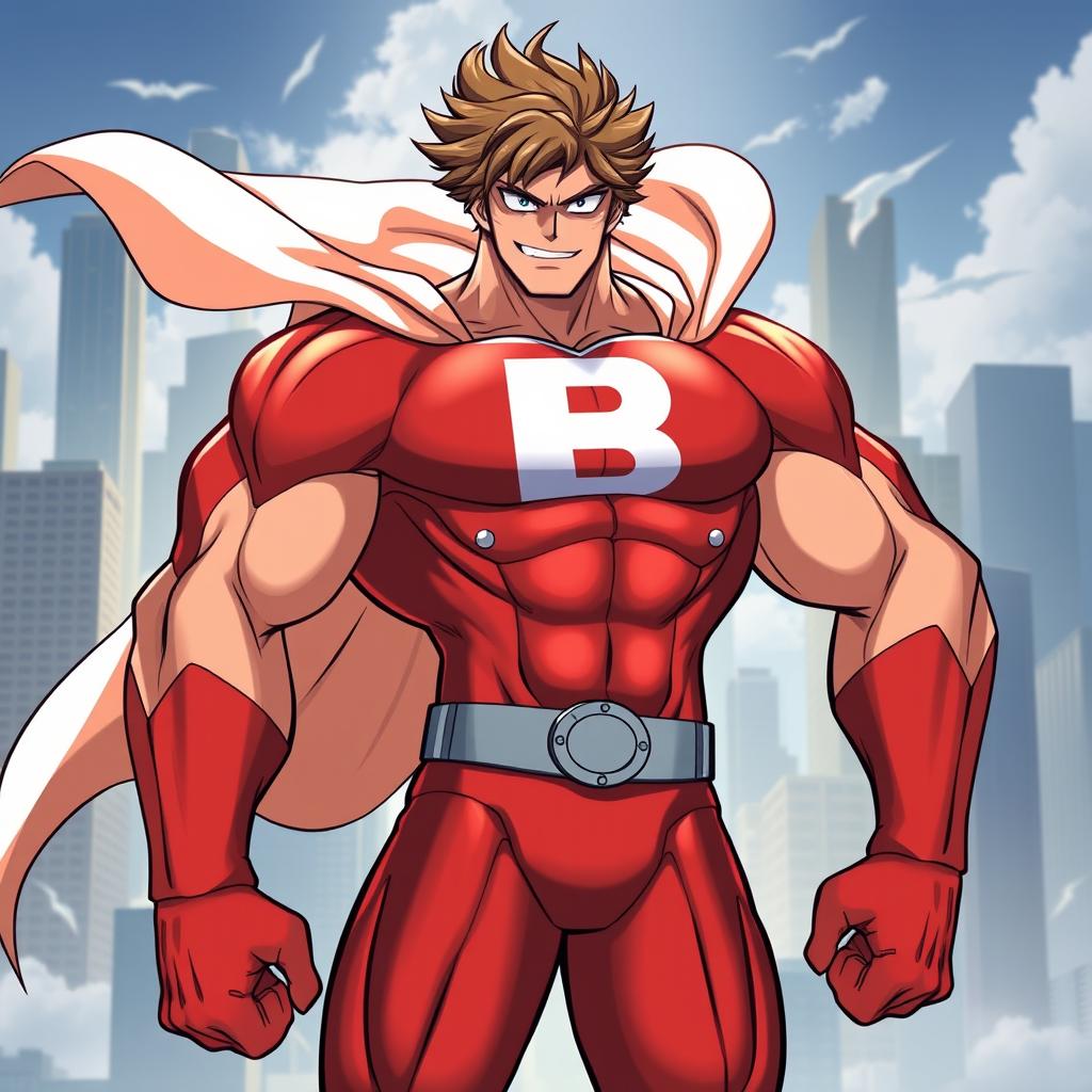 A strong and muscular superhero inspired by All Might from My Hero Academia, showcasing an imposing physique and heroic demeanor