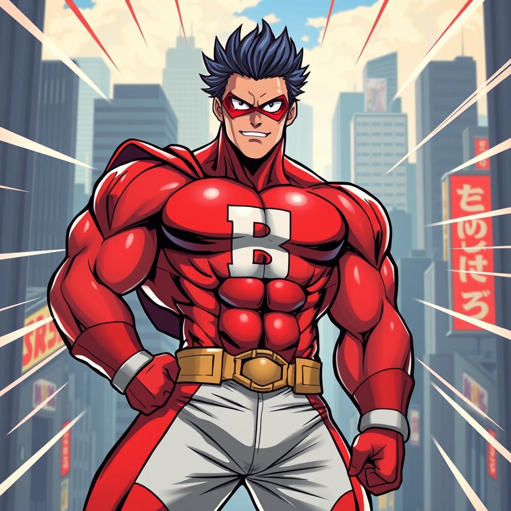 A strong and muscular hero inspired by All Might from My Hero Academia, with a heroic stance and confident expression