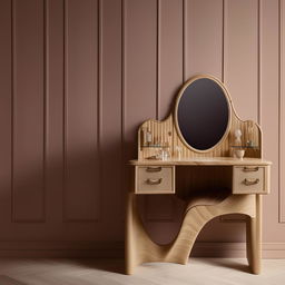 An elegant dressing table design with a curvilinear structure, blending functionality with a stylish aesthetic.