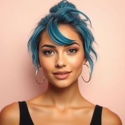 A stunning portrait of a confident young woman with bright blue hair styled in a messy bun, wearing a minimalist black tank top and silver hoop earrings