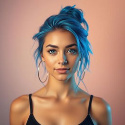A stunning portrait of a confident young woman with bright blue hair styled in a messy bun, wearing a minimalist black tank top and silver hoop earrings