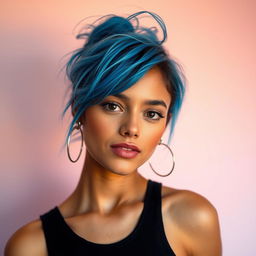 A stunning portrait of a confident young woman with bright blue hair styled in a messy bun, wearing a minimalist black tank top and silver hoop earrings