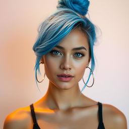 A stunning portrait of a confident young woman with bright blue hair styled in a messy bun, wearing a minimalist black tank top and silver hoop earrings