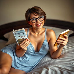 A sexy 32-year-old woman lying on a bed, holding a small paperback book titled 'Family Ties' in one hand